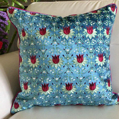 Cushion Covers(TSHVTB01M), Tulipani- Embroidered Luxury Velvet Cushion Cover- Ocean Blue- Set of 1, Cushion Covers - VT15329