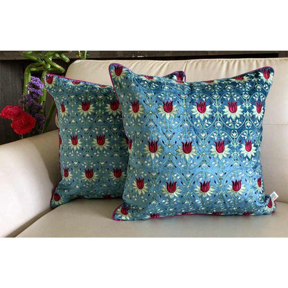 Cushion Covers(TSHVTB01M), Tulipani- Embroidered Luxury Velvet Cushion Cover- Ocean Blue- Set of 1, Cushion Covers - VT15329