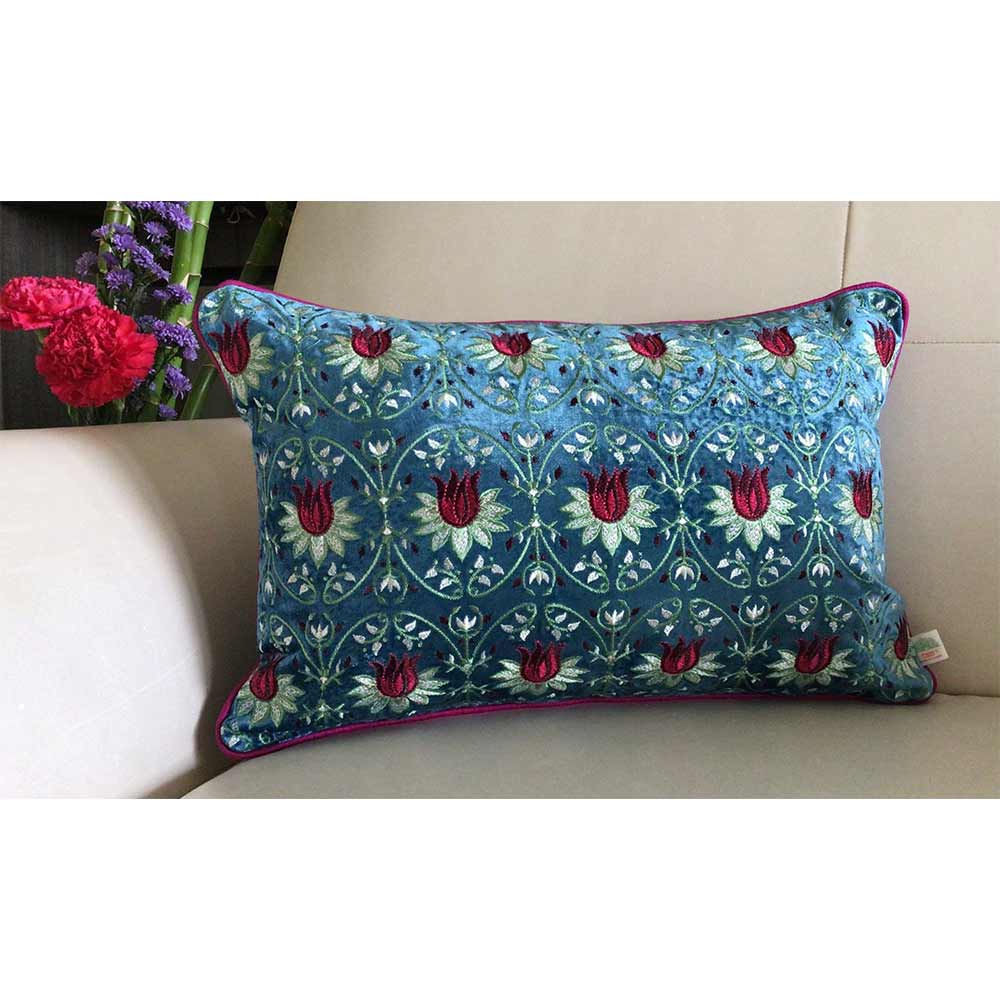 Cushion Covers(TSHVTB01M), Tulipani- Embroidered Luxury Velvet Cushion Cover- Ocean Blue- Set of 1, Cushion Covers - VT15329