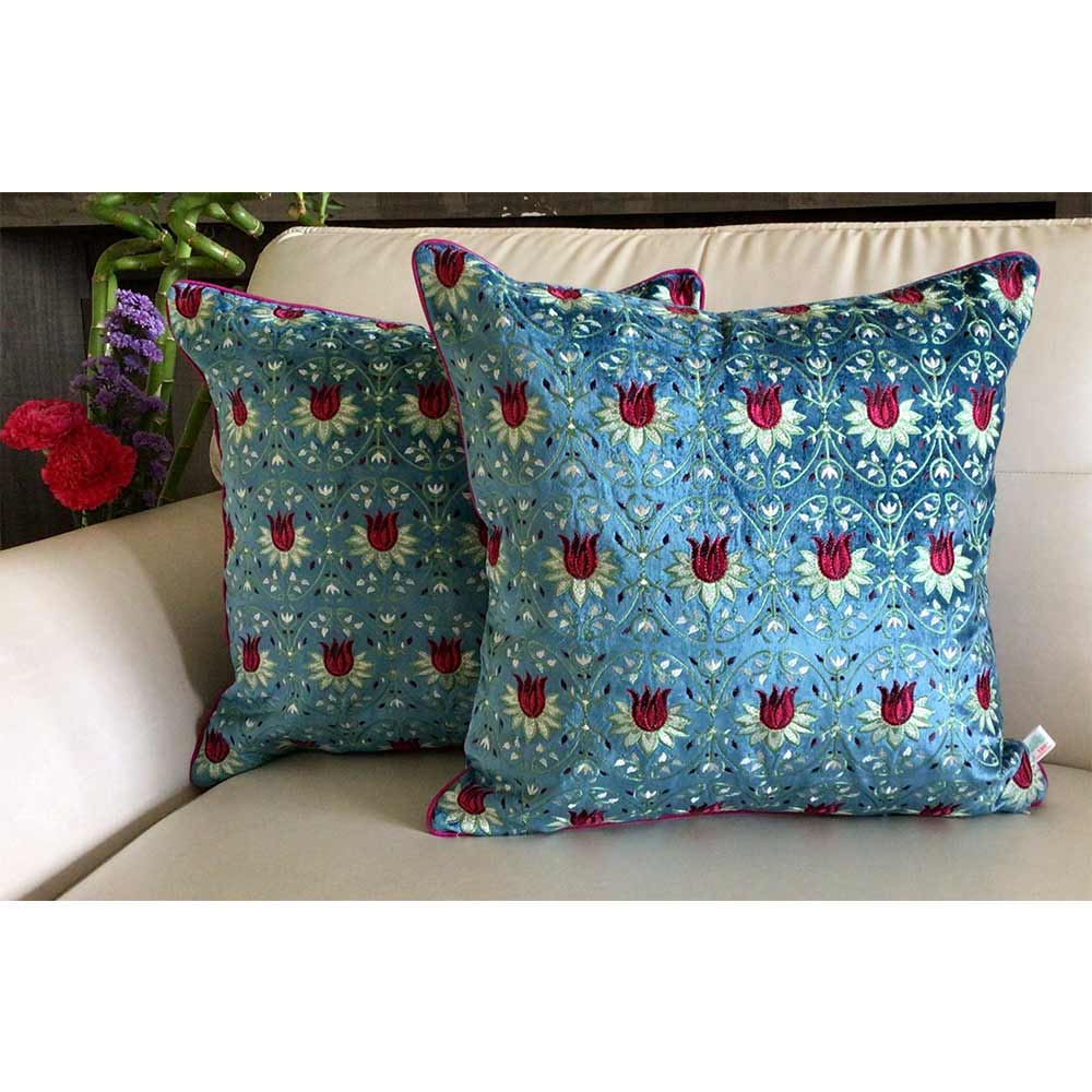 Cushion Covers(TSHVTB01L), Tulipani- Embroidered Luxury Velvet Cushion Cover- Ocean Blue- Set of 1, Cushion Covers - VT15330