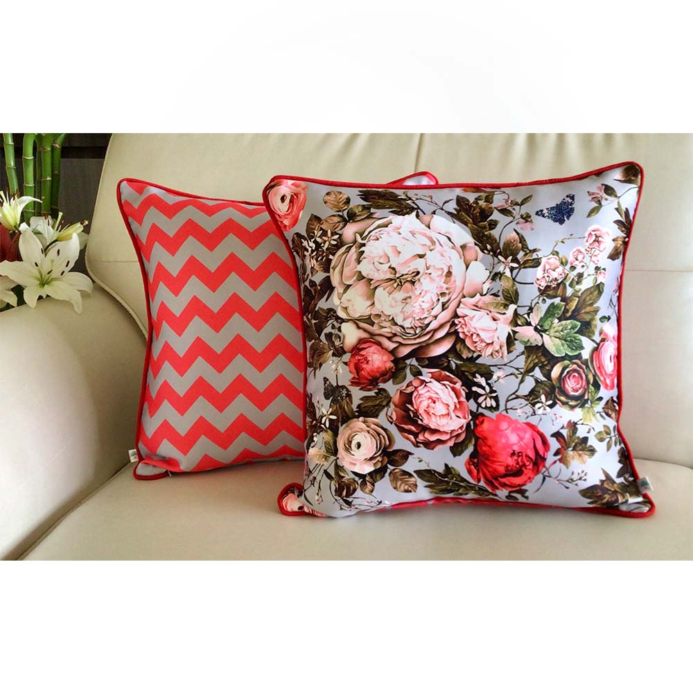 Cushion Covers(TSHPERG02), English Rose- REVERSIBLE- Cushion Covers- Grey and Red- Set of 2, Cushion Covers - VT15336