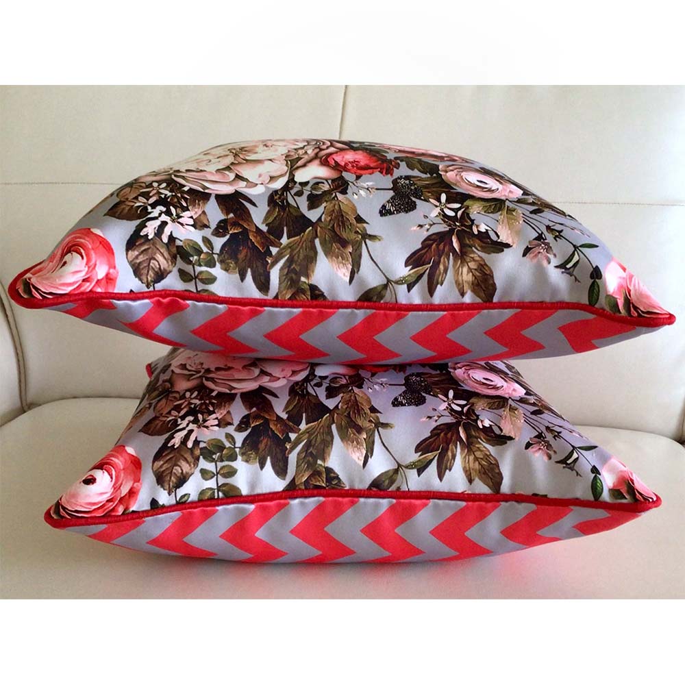 Cushion Covers(TSHPERG02), English Rose- REVERSIBLE- Cushion Covers- Grey and Red- Set of 2, Cushion Covers - VT15336