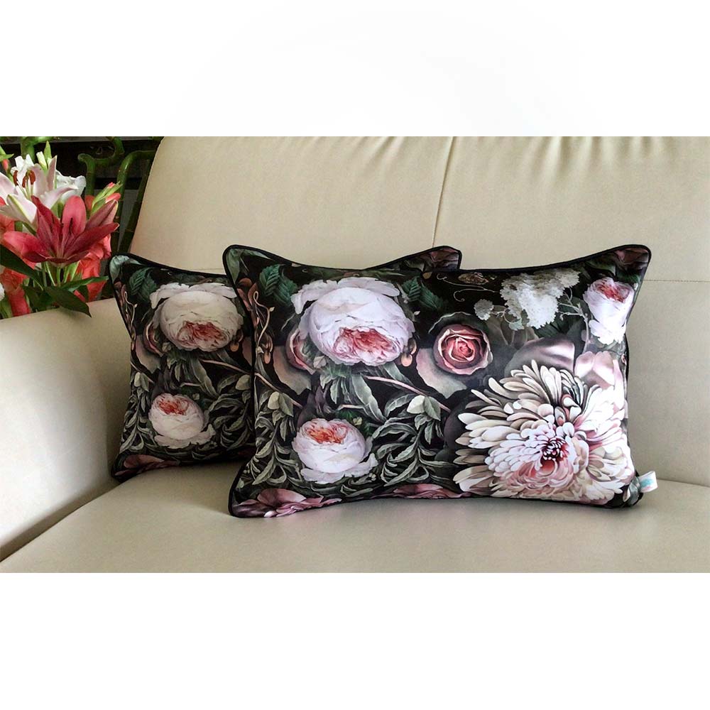 Cushion Covers(TSHPRVB02), Vintage garden- REVERSIBLE- Rectangular Cushion Covers- Classic Black- Set of 2 , Cushion Covers - VT15339