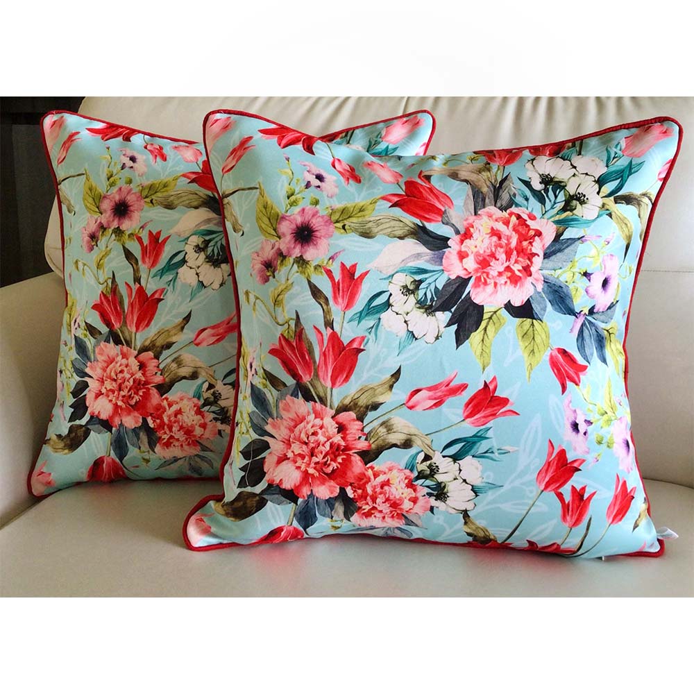 Cushion Covers(TSHWTB02M), Watercolor Tulips- REVERSIBLE- Cushion Covers- Cool Cyan Blue- Set of 2, Cushion Covers - VT15344