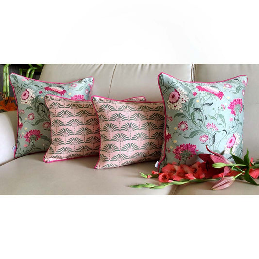 Cushion Covers(TSHEFG04M), Enchanted Forest- REVERSIBLE- Cushion Covers with Rectangular Florals- Sage Green- Set of 4, Cushion Covers - VT15349