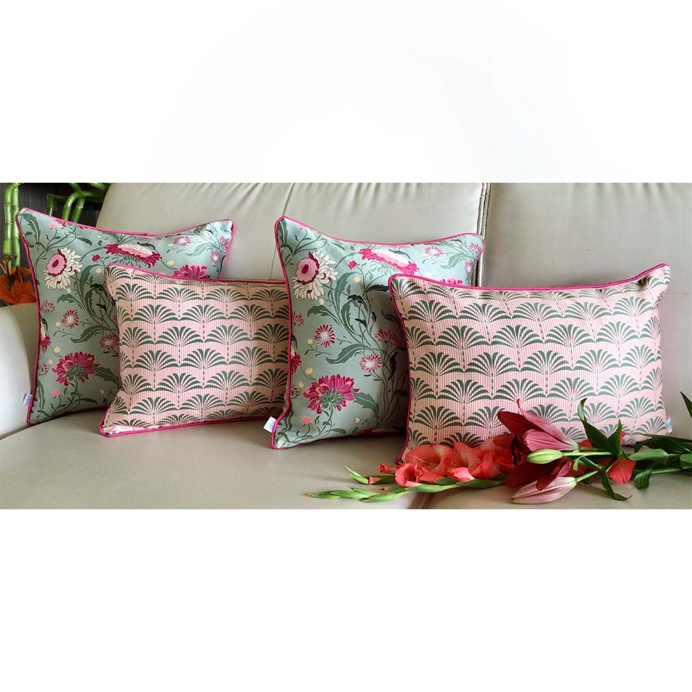 Cushion Covers(TSHEFG04M), Enchanted Forest- REVERSIBLE- Cushion Covers with Rectangular Florals- Sage Green- Set of 4, Cushion Covers - VT15349