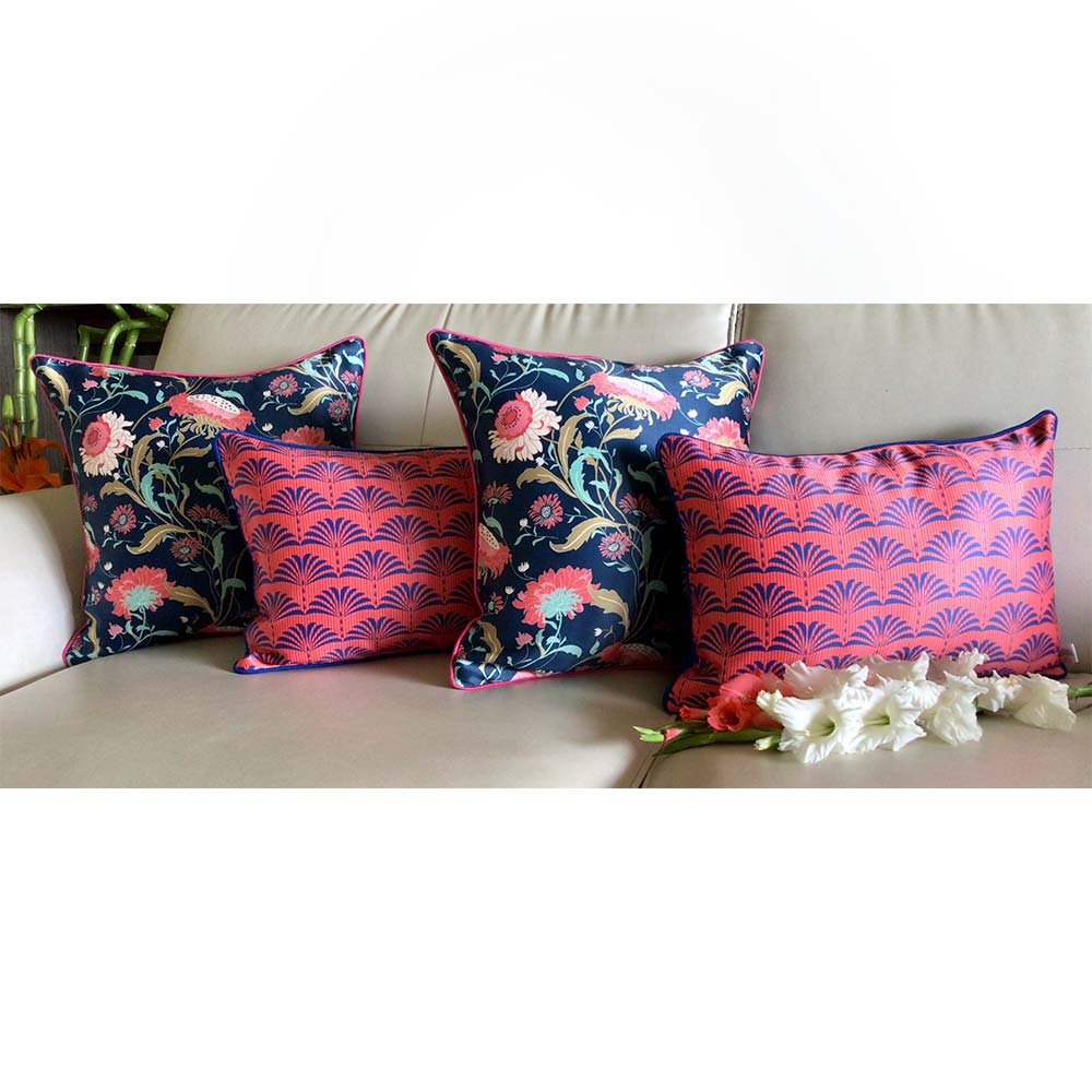 Cushion Covers(TSHEFB04M), Enchanted Forest- REVERSIBLE- Cushion Covers with Rectangular Florals- Prussian Blue- Set of 4, Cushion Covers - VT15351