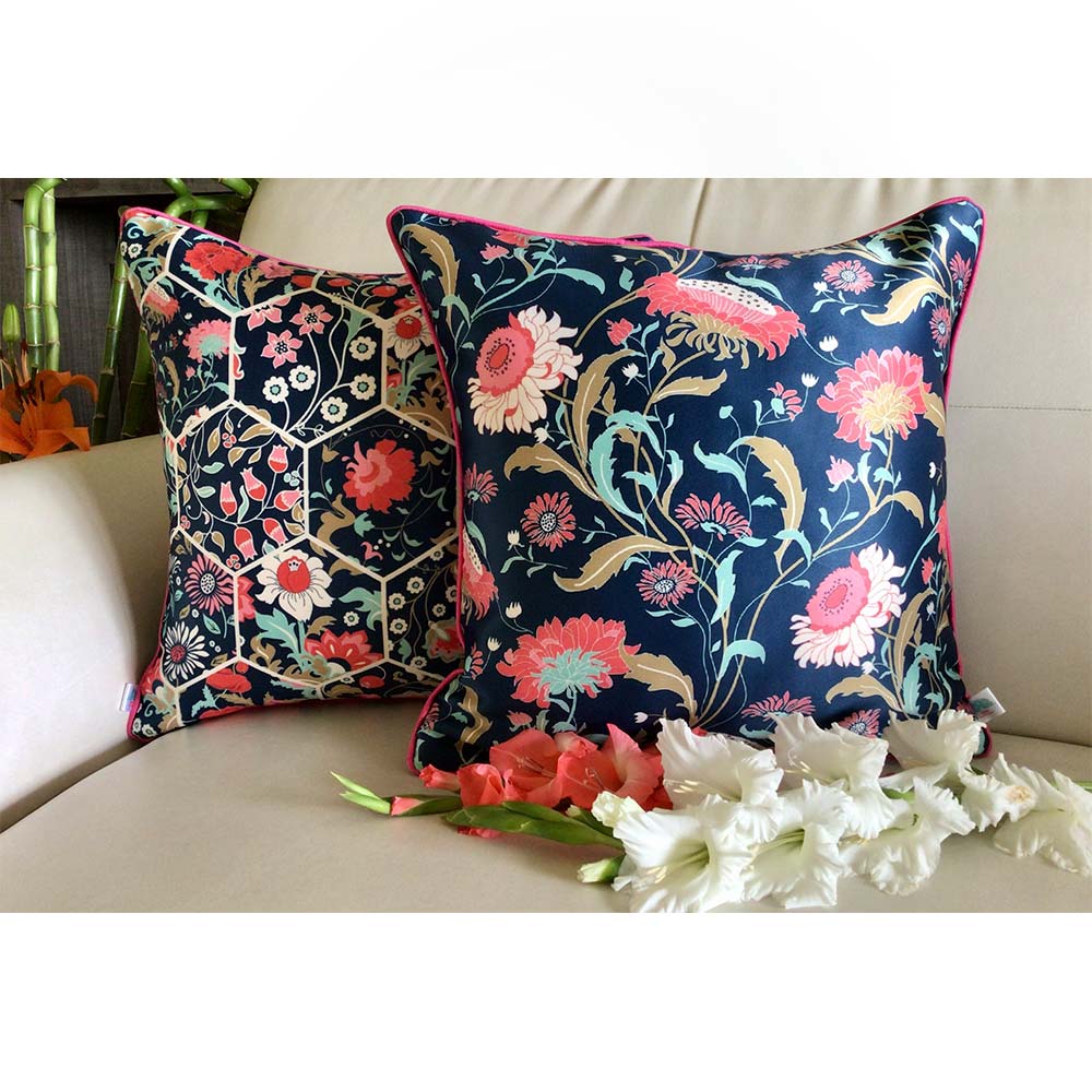 Cushion Covers(TSHEFB04M), Enchanted Forest- REVERSIBLE- Cushion Covers with Rectangular Florals- Prussian Blue- Set of 4, Cushion Covers - VT15351