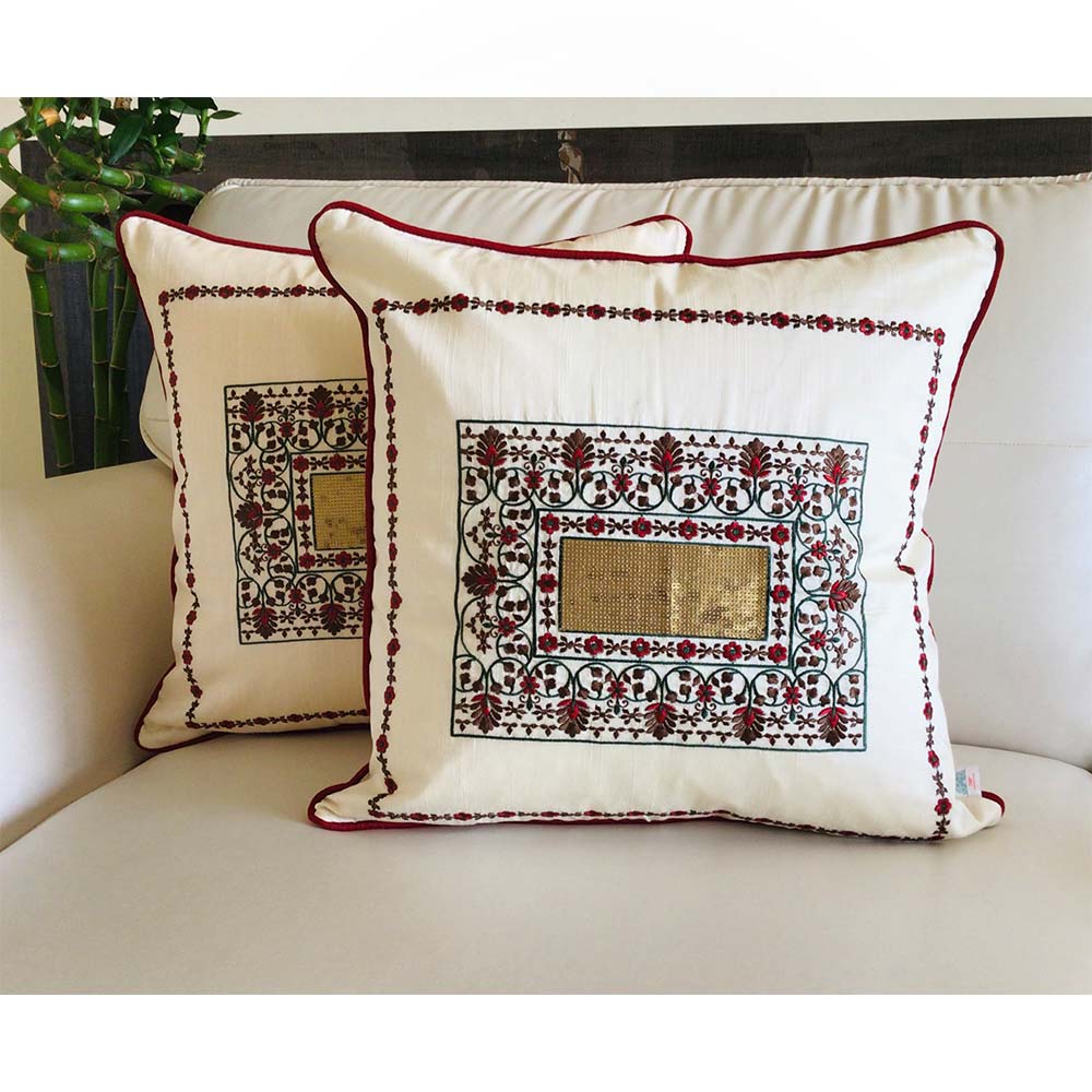 Cushion Covers(TSHMMC02M), Magic Mirror- Embroidered Cotton Silk Cushion Cover- Creamy Cream- Set of 2, Cushion Covers - VT15352