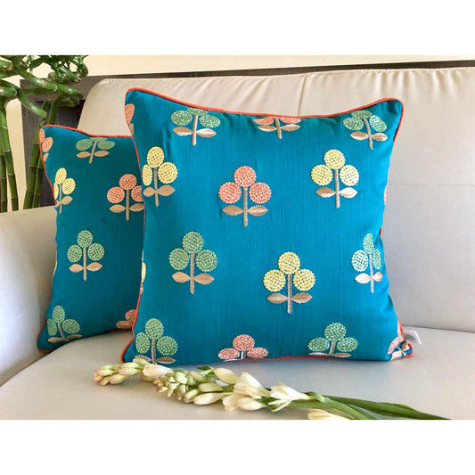 Cushion Covers(TSHEBT02M), CHINAR- Embroidered Cotton Silk Cushion Cover- Aqua Blue & Orange- Set of 2, Cushion Covers - VT15353