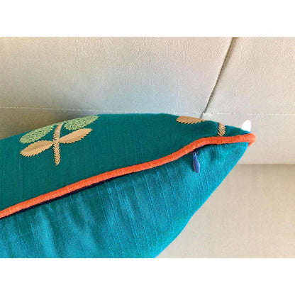 Cushion Covers(TSHEBT02M), CHINAR- Embroidered Cotton Silk Cushion Cover- Aqua Blue & Orange- Set of 2, Cushion Covers - VT15353