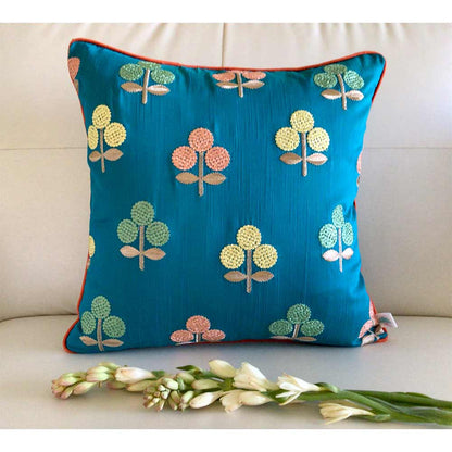 Cushion Covers(TSHEBT02L), CHINAR- Embroidered Cotton Silk Cushion Cover- Aqua Blue & Orange- Set of 2, Cushion Covers - VT15354