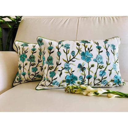 Cushion Covers(TSHEPG02M), Paradise- Embroidered Cotton Silk Cushion Cover- Sage Green & Teal Blue- Set of 2, Cushion Covers - VT15355