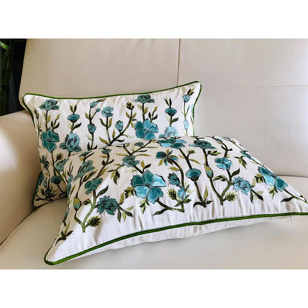 Cushion Covers(TSHEPG02M), Paradise- Embroidered Cotton Silk Cushion Cover- Sage Green & Teal Blue- Set of 2, Cushion Covers - VT15355