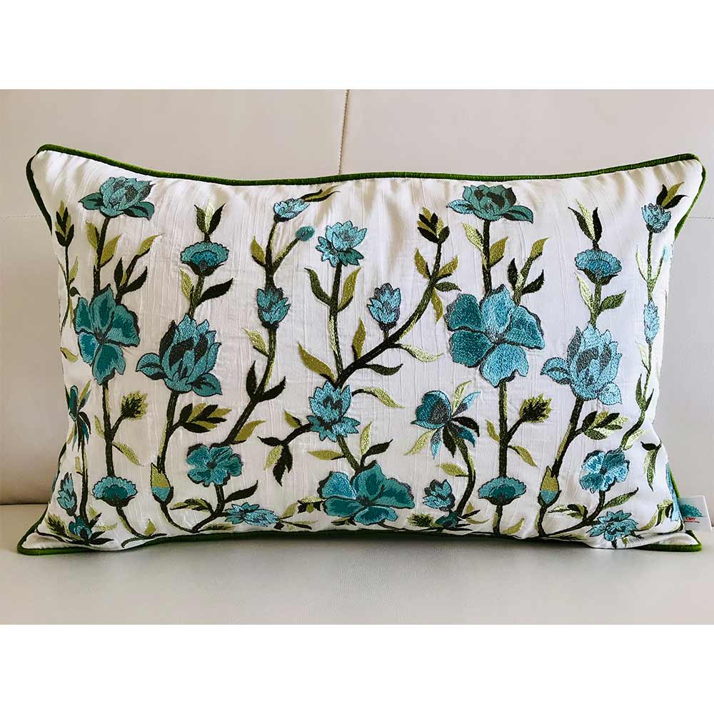 Cushion Covers(TSHEPG02M), Paradise- Embroidered Cotton Silk Cushion Cover- Sage Green & Teal Blue- Set of 2, Cushion Covers - VT15355