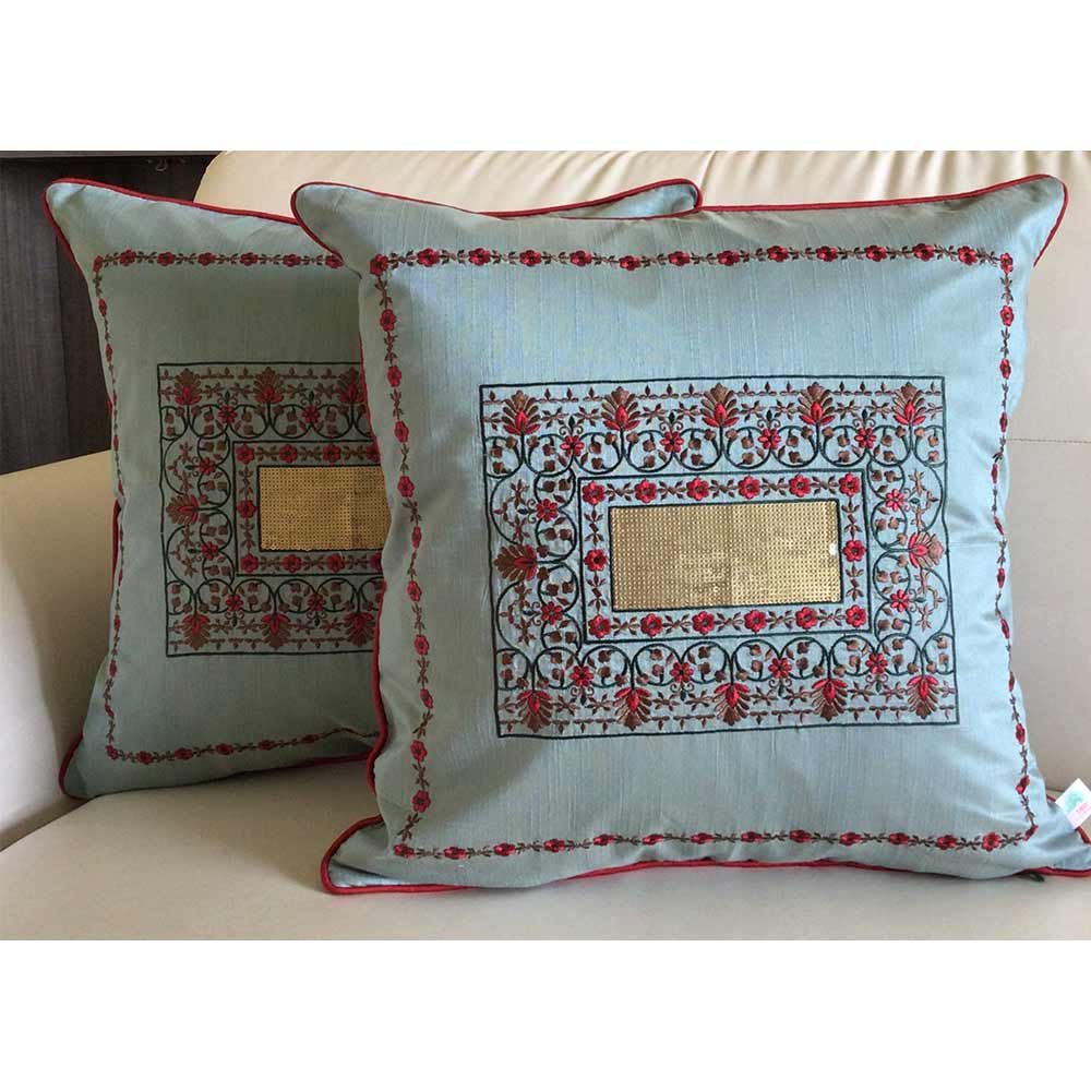 Cushion Covers(TSHMSG02M), Magic Mirror- Embroidered Cotton Silk Cushion Cover- Steel Grey- Set of 2, Cushion Covers - VT15357