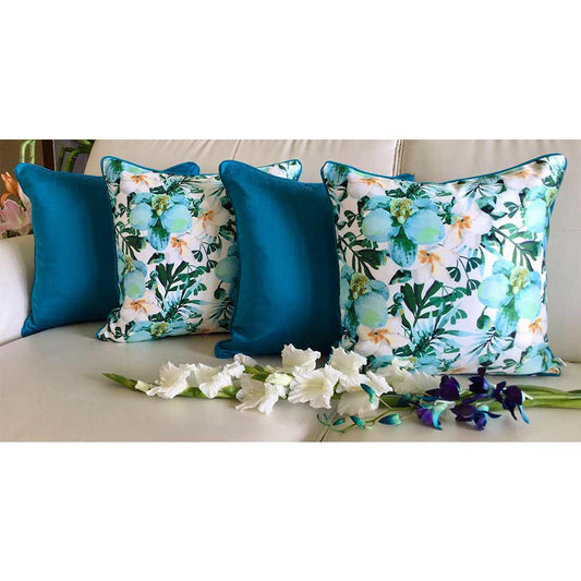 Cushion Covers(TSHPWOB04), Watercolor Orchids- REVERSIBLE- Cushion Covers with Solid Color Pops- Aqua Blue- Set of 4, Cushion Covers - VT15360