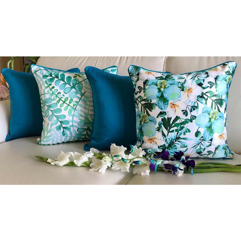 Cushion Covers(TSHPWOB04), Watercolor Orchids- REVERSIBLE- Cushion Covers with Solid Color Pops- Aqua Blue- Set of 4, Cushion Covers - VT15360