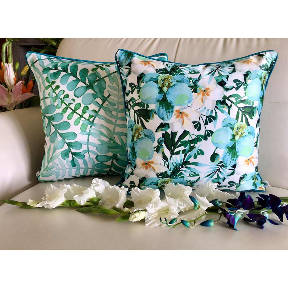 Cushion Covers(TSHPWOB04), Watercolor Orchids- REVERSIBLE- Cushion Covers with Solid Color Pops- Aqua Blue- Set of 4, Cushion Covers - VT15360