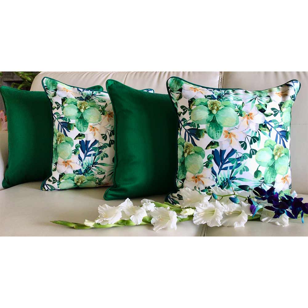 Cushion Covers(TSHPWOG04), Watercolor Orchids- REVERSIBLE- Cushion Covers with Solid Color Pops- Emerald Green- Set of 4, Cushion Covers - VT15362