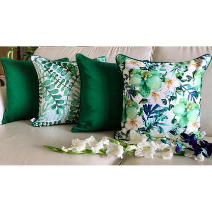 Cushion Covers(TSHPWOG04), Watercolor Orchids- REVERSIBLE- Cushion Covers with Solid Color Pops- Emerald Green- Set of 4, Cushion Covers - VT15362