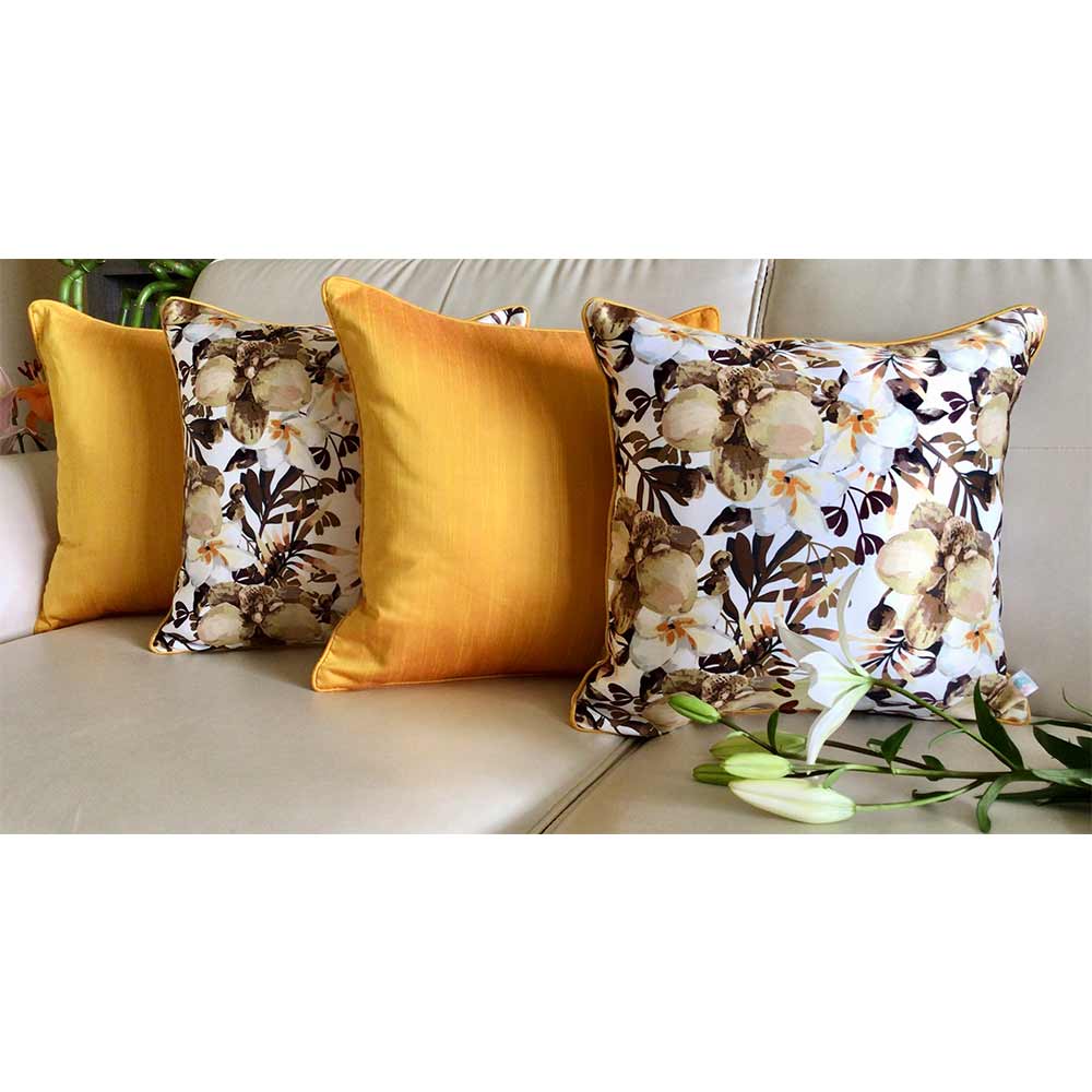 Cushion Covers(TSHPWOY04), Watercolor Orchids- REVERSIBLE- Cushion Covers with Solid Color Pops- Sunflower Yellow- Set of 4, Cushion Covers - VT15364