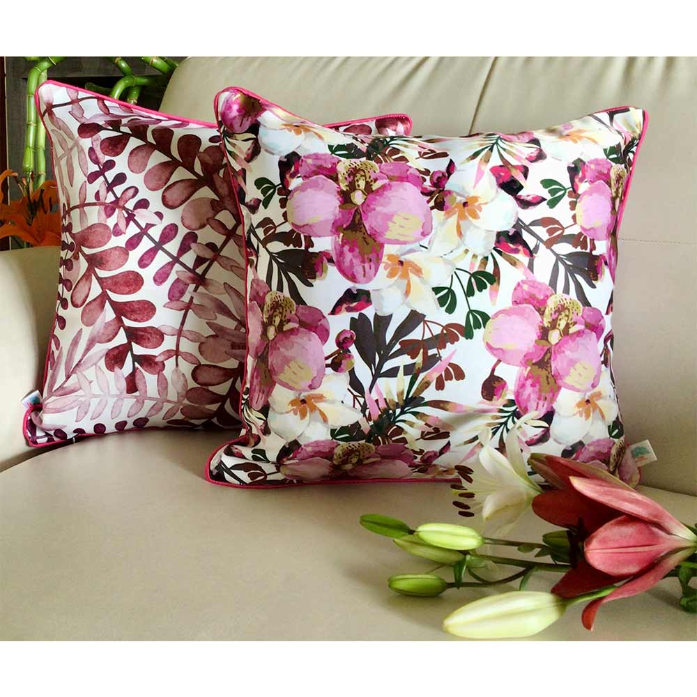 Cushion Covers(TSHPWOP02), Watercolor Orchids- REVERSIBLE- Cushion Covers- Fuchsia Pink- Set of 2, Cushion Covers - VT15365