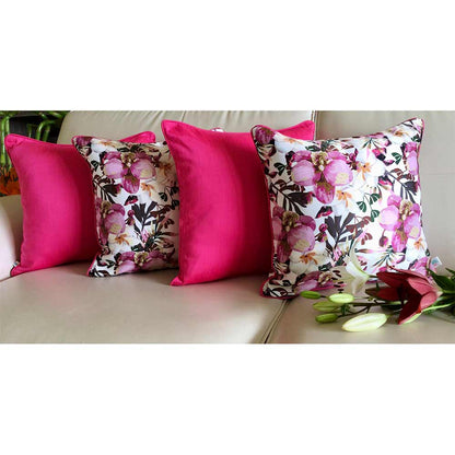 Cushion Covers(TSHPWOP04), Watercolor Orchids- REVERSIBLE- Cushion Covers with Solid Color Pops- Fuchsia PInk- Set of 4, Cushion Covers - VT15365