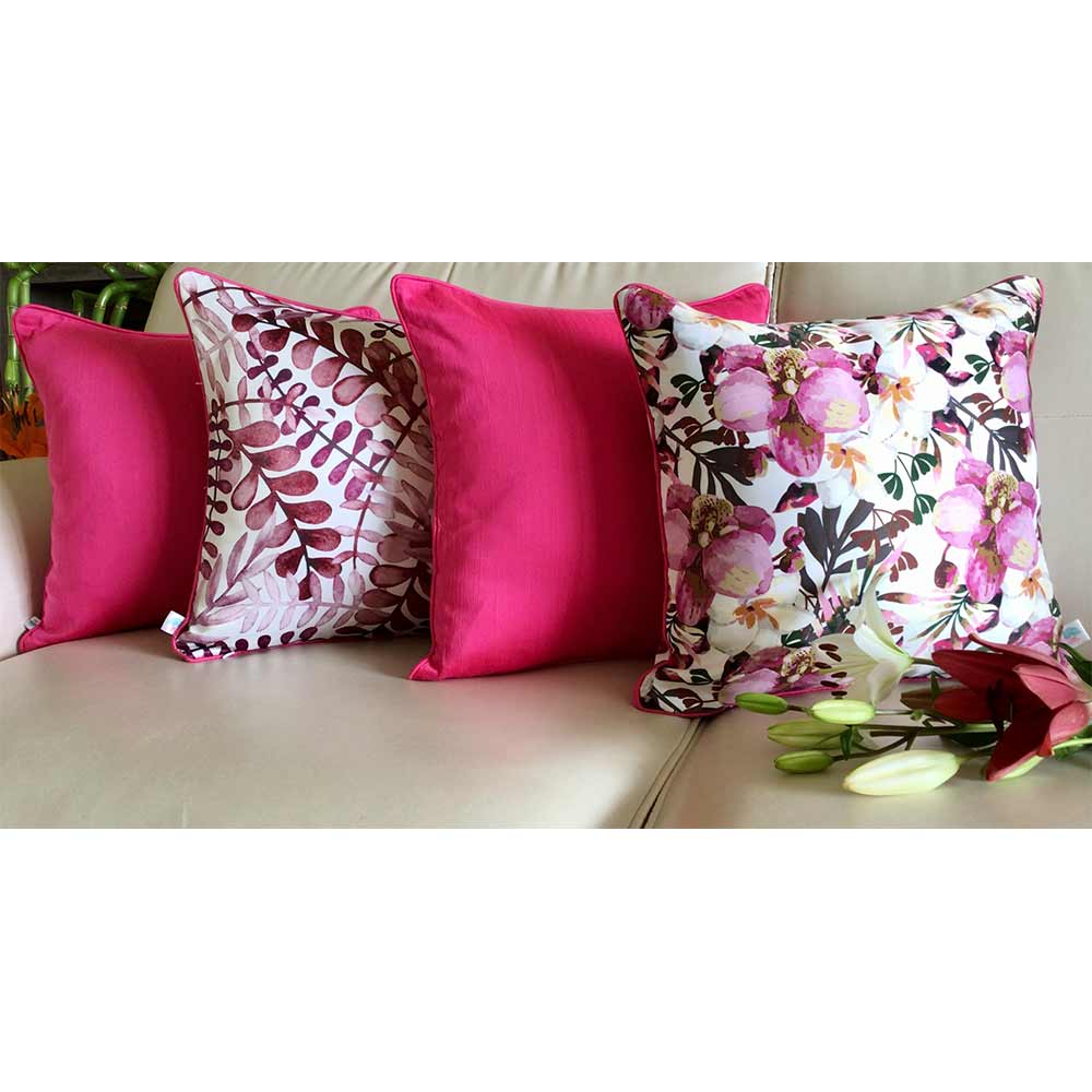 Cushion Covers(TSHPWOP04), Watercolor Orchids- REVERSIBLE- Cushion Covers with Solid Color Pops- Fuchsia PInk- Set of 4, Cushion Covers - VT15365