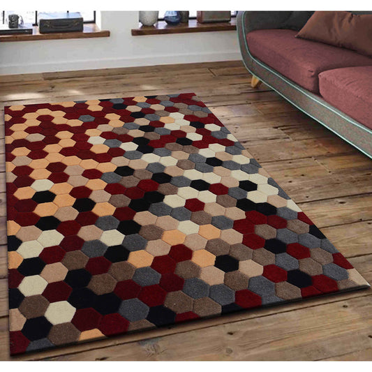 Rugs, (Presto), ICHT1001C3X5, Presto Red, Grey and Gold Geometric Hand Tufted Wool Carpet-VT15863-22X55 inches