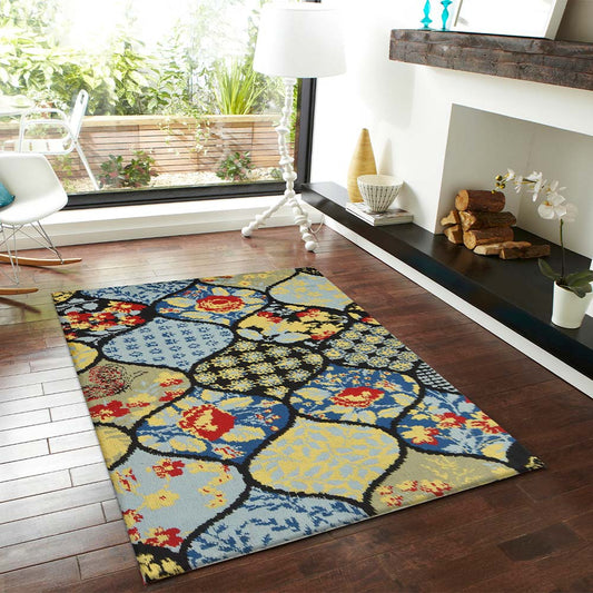 Rugs, (Presto), ICKC24C3X5, Yellow, Blue and Black colour Abstract Polyester Carpet, Rugs - VT-15960-36X60inches