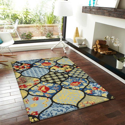Rugs, (Presto), ICKC24C2X5, Yellow, Blue and Black colour Abstract Polyester Carpet, Rugs - VT-15960