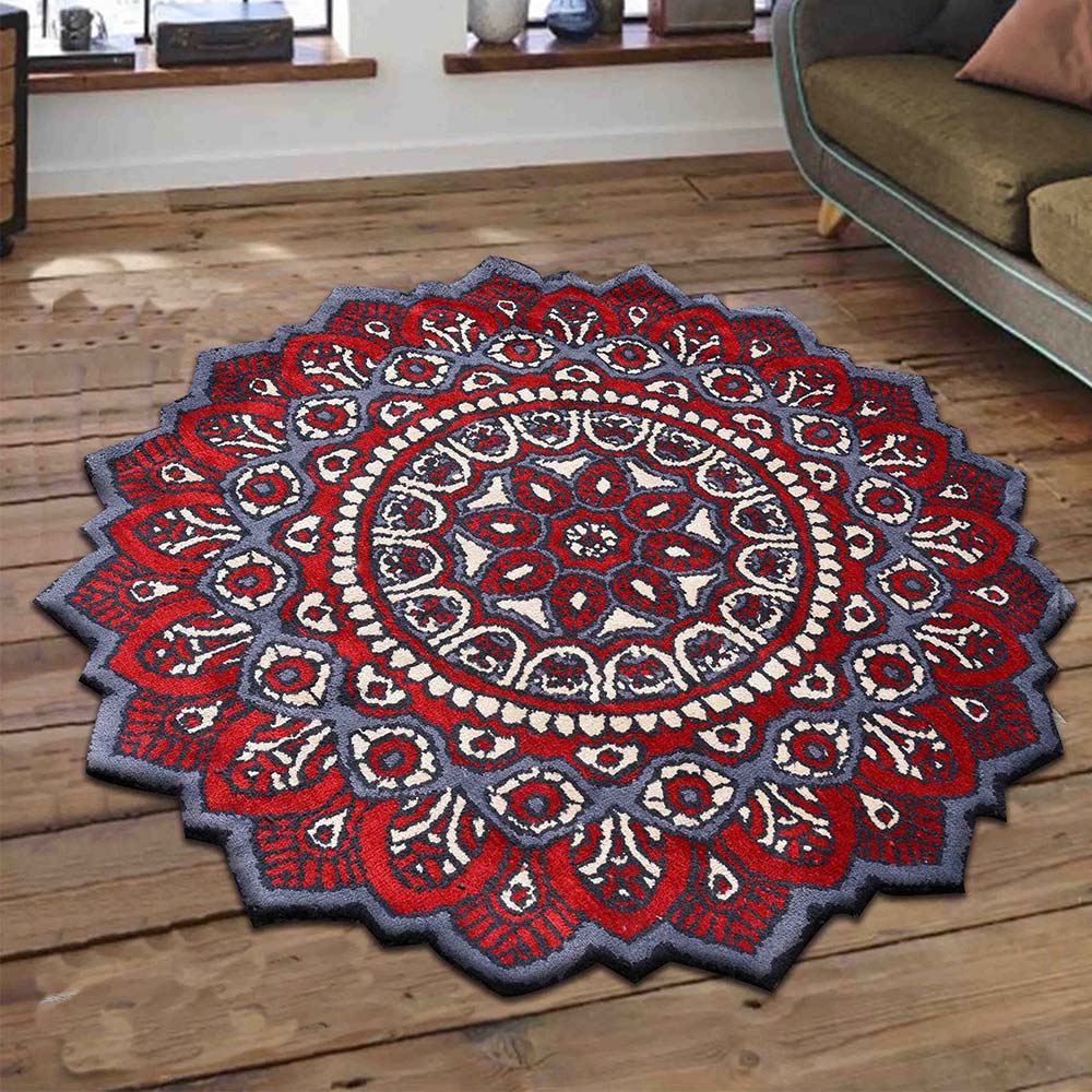 Rugs, (Presto), ICKC411C5X5, Red, Grey and White Round Ethnic Polyester Carpet, Rugs -VT-15997-60X60inches