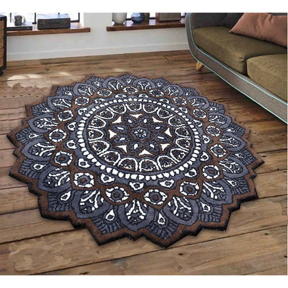 Rugs, (Presto), ICKC415C5X5, Brown, Grey and White Round Ethnic Polyester Carpet, Rugs -VT-15998-60X60inches