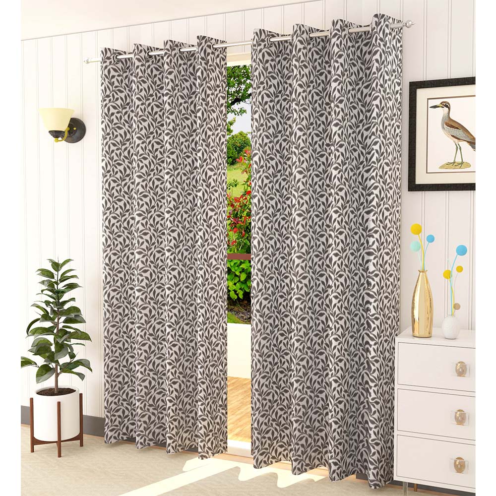 Curtain, (Presto) ICMML1725_D2, Grey Color Floral Door curtain Set of 2, Curtain-VT16029