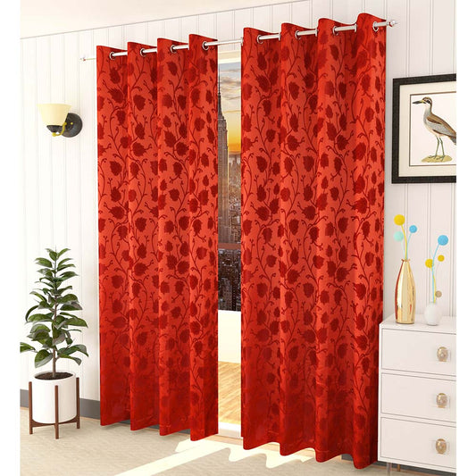 Curtain, (Presto) ICMML1751_LD2, Red  Color Floral Long Door curtain Set of 2, Curtain-VT16051-44X108 inches