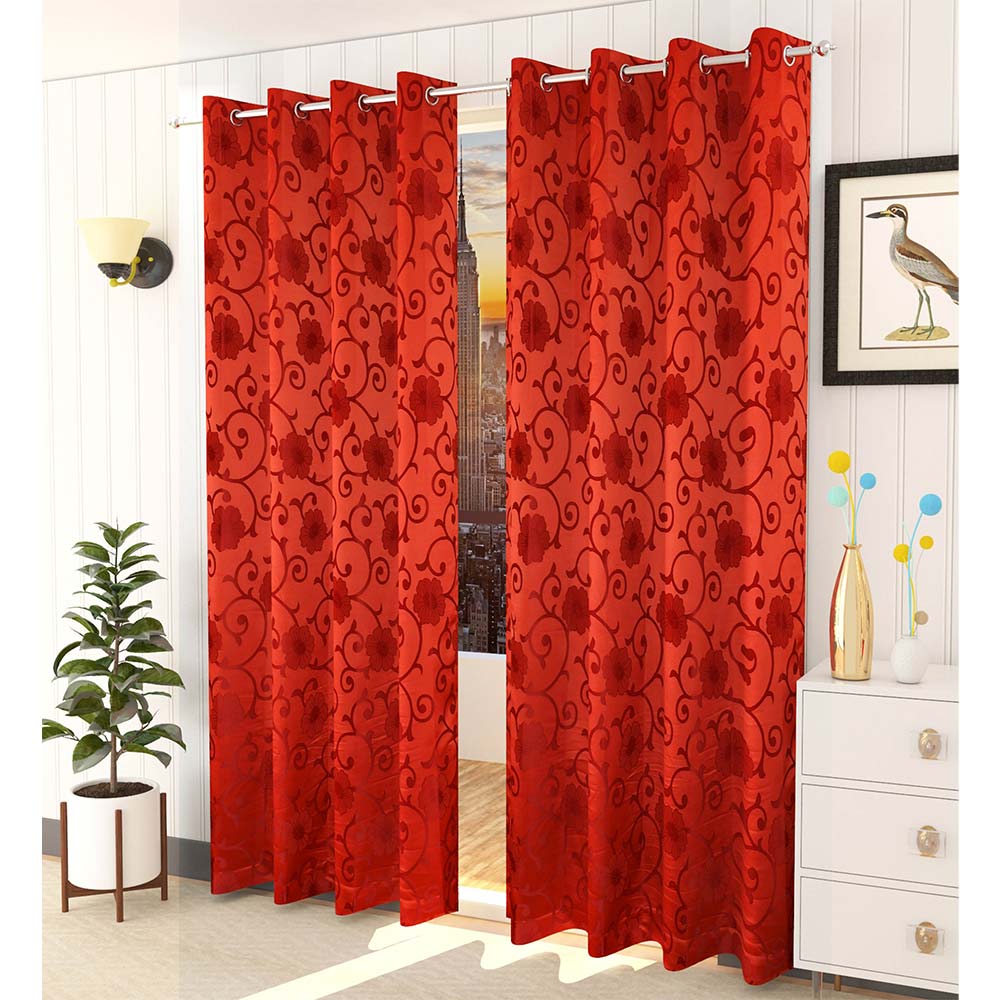 Curtain, (Presto) ICMML1761_LD2,  Red Color Floral Long Door curtain Set of 2, 44 X 108 inches, Curtain-VT16058-44X108 inches