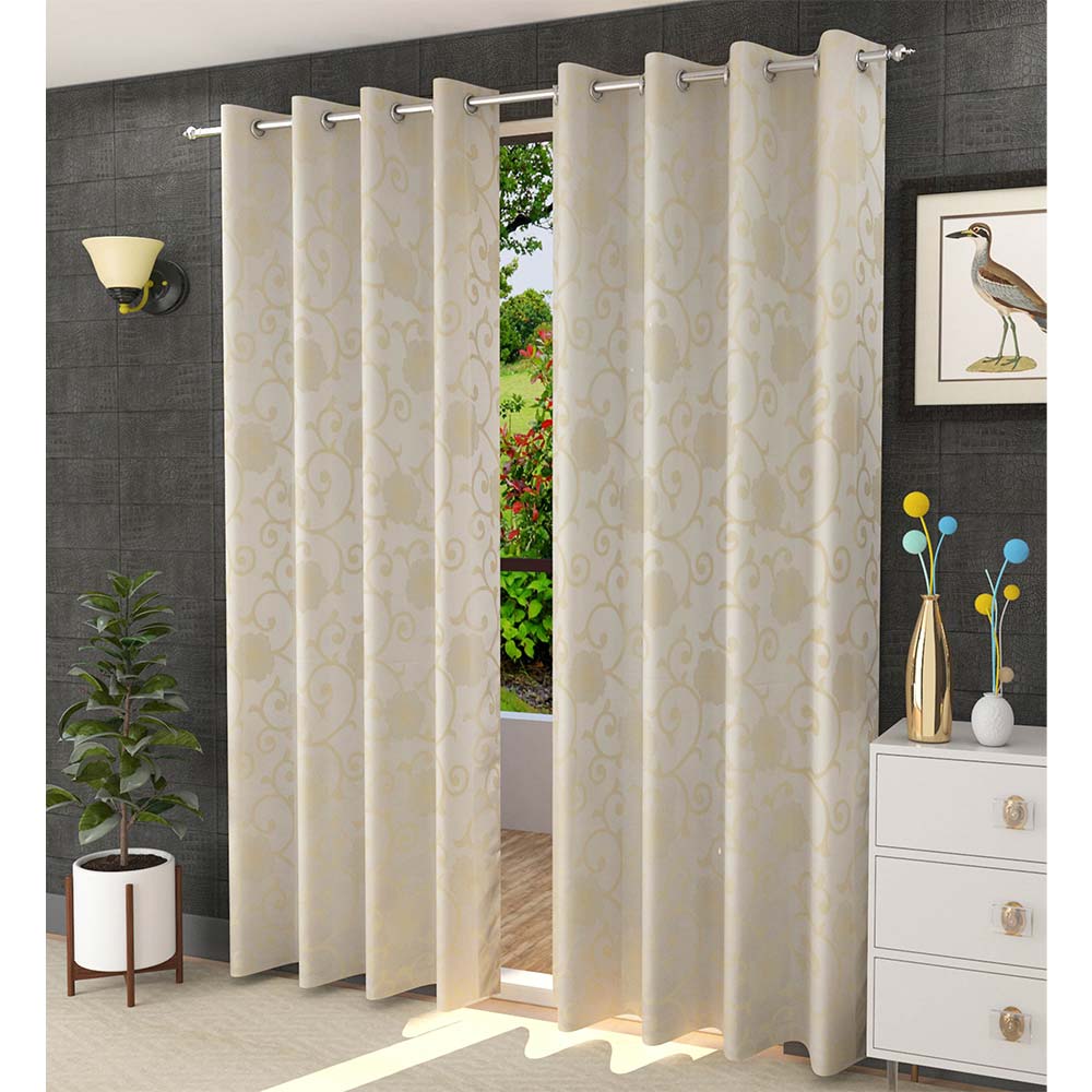 Curtain, (Presto) ICMML1766_LD2, Cream Color Floral Long Door curtain Set of 2, 44 X 108 inches, Curtain-VT16063-44X108 inches