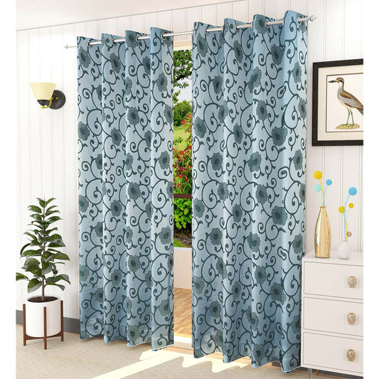 Curtain, (Presto) ICMML1769_LD2, Blue Color Floral Long Door curtain Set of 2, Curtain-VT16066-44X108 inches