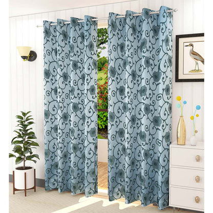 Curtain, (Presto) ICMML1769_W2, Blue Color Floral Window curtain Set of 2, Curtain-VT16066-44X60 inches