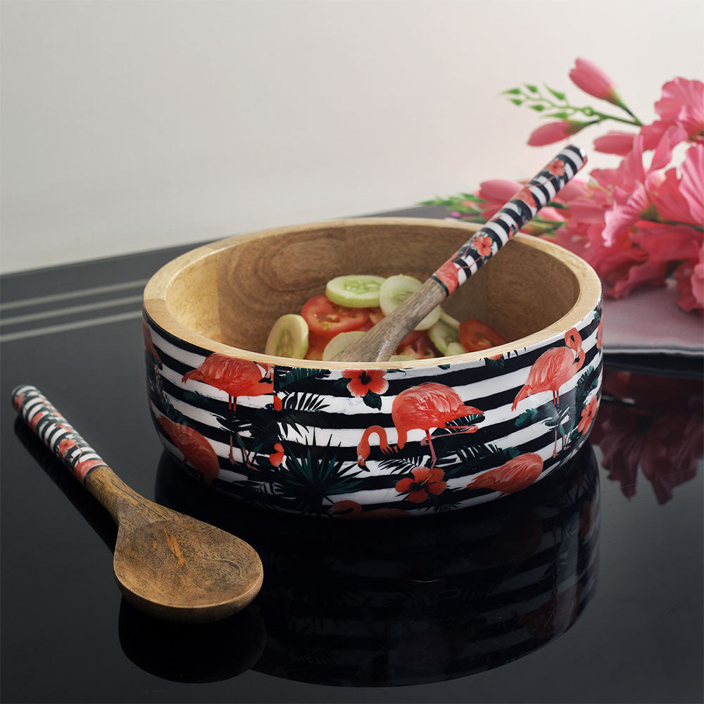 Serving Bowl, AVA-BBH-04(A Vintage Affair), Tropical Flamingo Wooden Salad Bowl with Serving Set , Serving Bowl - VT16081