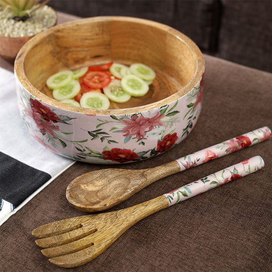 Serving Bowl, AVA-BBH-07(A Vintage Affair), Vintage Floral Wooden Salad Bowl with Serving Set, Serving Bowl - VT16082