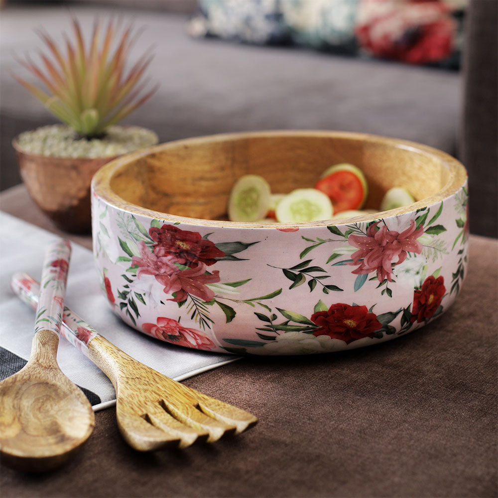 Serving Bowl, AVA-BBH-07(A Vintage Affair), Vintage Floral Wooden Salad Bowl with Serving Set, Serving Bowl - VT16082