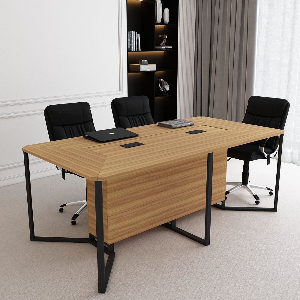 Meeting Table, Conference Table, Office Table, 2 Pop-up Box in Meeting Table (6 Seater), Meeting Table in Brown & Black Color, MS Leg in Black Powder Coating, Meeting Table - VT17000