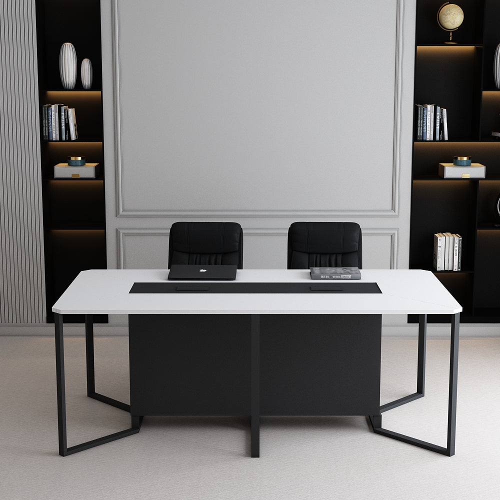 Meeting Table, Conference Table, Office Table, 2 Pop-up Box in Meeting Table (6 seater), Meeting Table in White & Black Color, MS Leg in Black Powder Coating, Meeting Table - VT17001