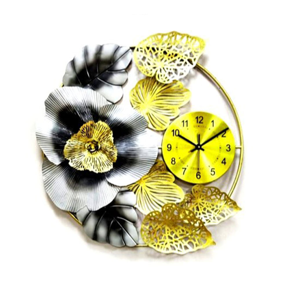 Clocks, Clocks for Home, Clocks in Round Shape, Clock in Black & Golden Color, Clock with Leaves, Clocks - VT2067