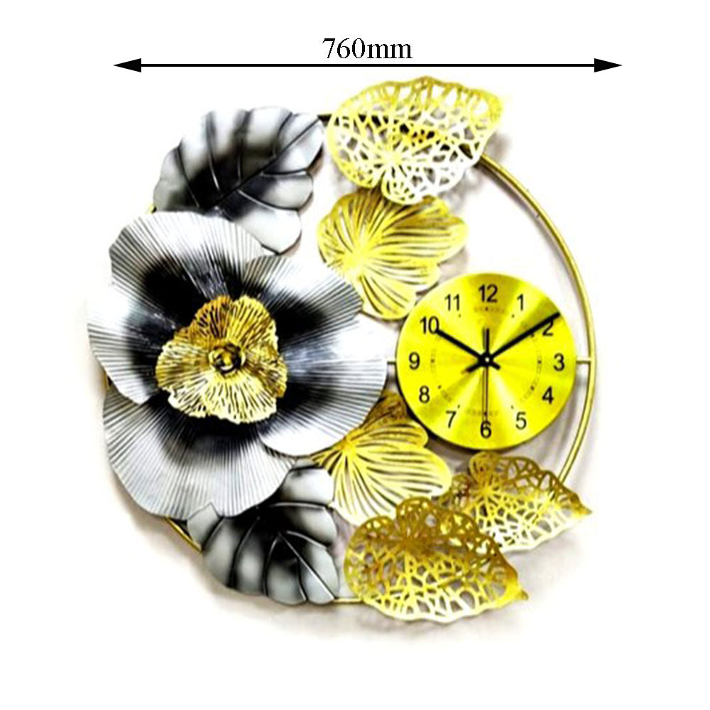 Clocks, Clocks for Home, Clocks in Round Shape, Clock in Black & Golden Color, Clock with Leaves, Clocks - VT2067