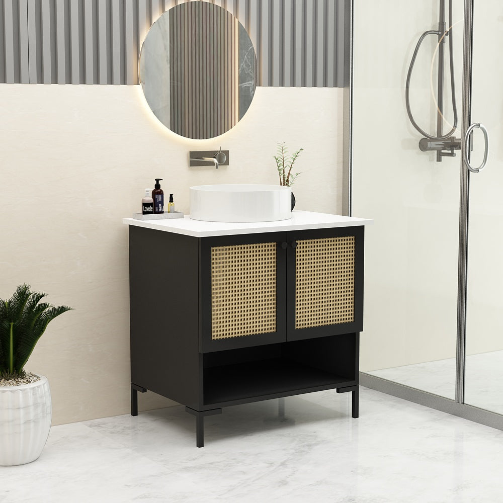 Vanity, White Corian Top, Black Color Vanity, Vanity with Open Space, Shutter with Cane, MS Leg with Black Paint, Vanity - VT2122