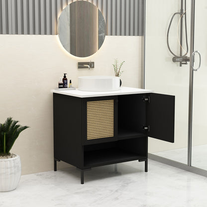 Vanity, White Corian Top, Black Color Vanity, Vanity with Open Space, Shutter with Cane, MS Leg with Black Paint, Vanity - VT2122