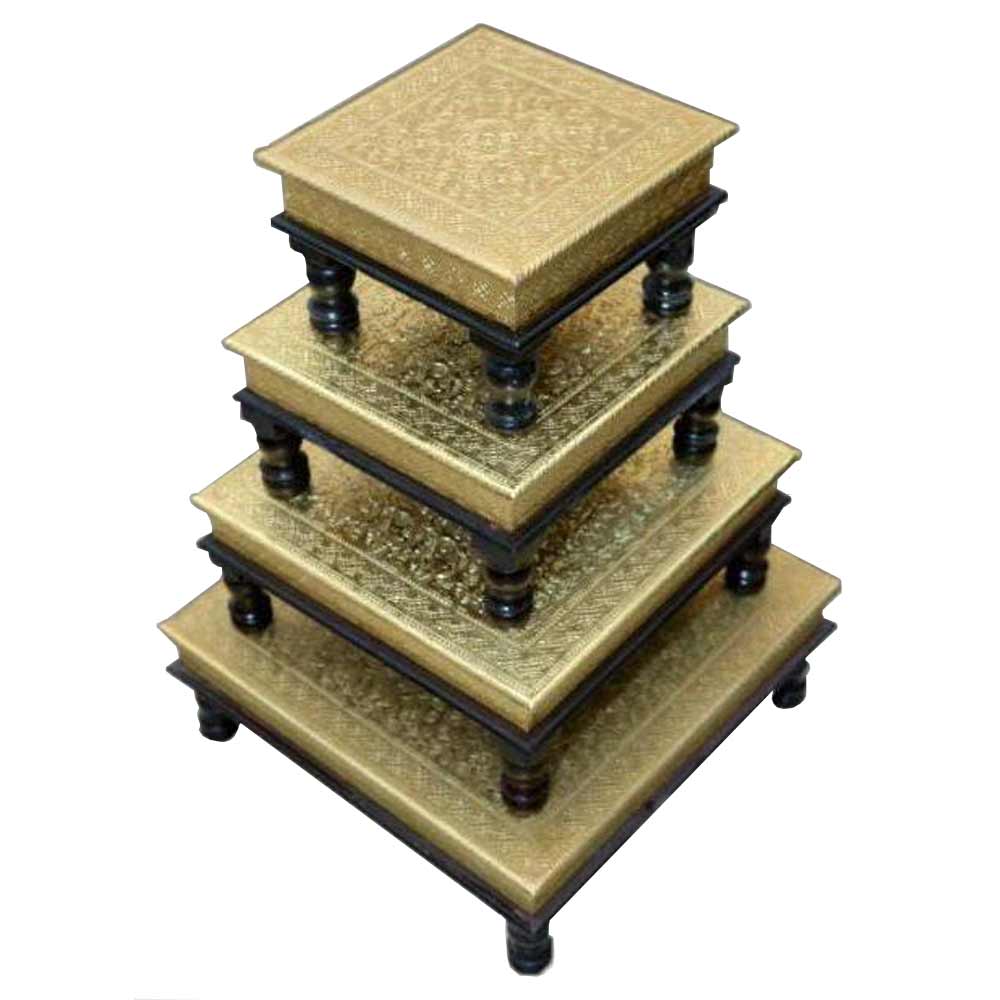 Wooden Chowki, (NAVIKA PRODUCTION) Wood With Brass Fitting Bajot Set Of 4, Room Accessory - VT2279